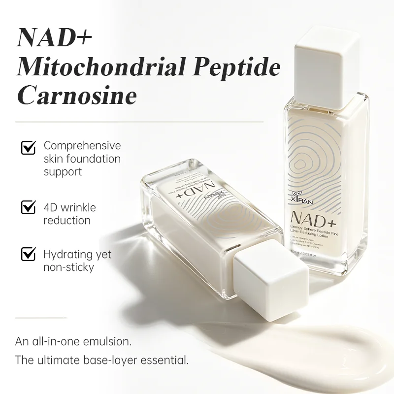 Two bottles of NAD+ mitochondrial peptide emulsion with product description highlighting skin foundation support, wrinkle reduction, and hydration. Cream smear shown.